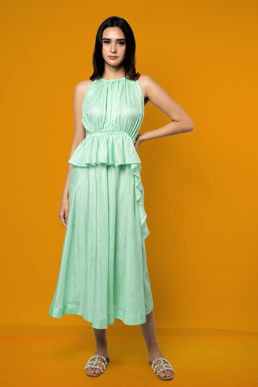 Green Ruffled Midi Dress