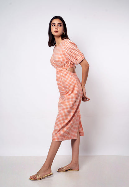 Salmon Gingham Cutout Dress